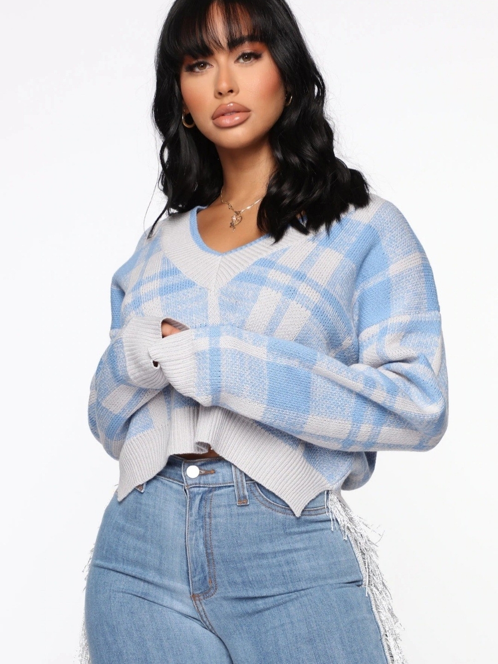 Fashion Nova Light Blue & White Plaid V-Neck Sweater